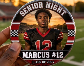 Custom Senior Night Sports Photo Button, Personalized Athlete Brag Pin, Football Cheer Basketball Class of 2027 Keepsake