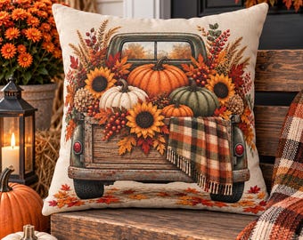 Vintage Truck Pumpkin Sunflower Pillow | Fall Harvest Autumn Decor