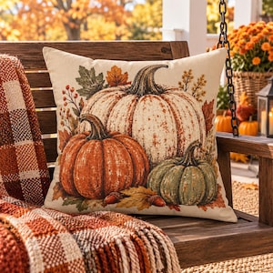 Vintage Pumpkin Trio Faux Suede Square Pillow | Fall Harvest Cushion