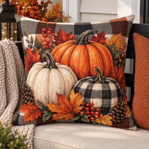 Autumn Pumpkins Pillow | Fall Plaid Pumpkin Throw Pillow