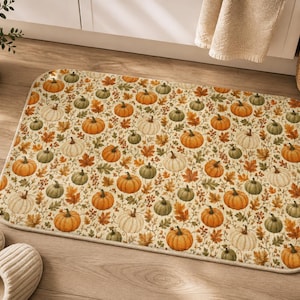 Autumn Pumpkins Bath Mat | Fall Leaves, Neutral Pumpkin Pattern