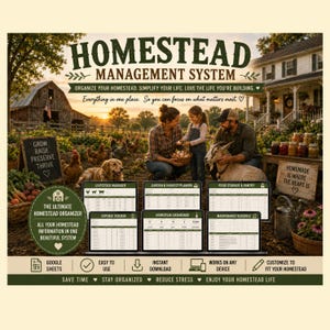May include: A digital Homestead Management System displayed on multiple screens, featuring sections for livestock, garden, expenses, and maintenance. The graphic includes text overlays like 'Grow Raise Preserve Thrive' and 'Homemade is where the heart is'.