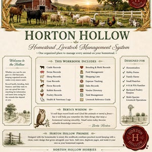 May include: A Horton Hollow Homestead Livestock Management System workbook cover featuring a farm scene with various animals, a red barn, and a windmill. The document lists record-keeping categories including cattle, swine, sheep, goat, horse, rabbit, and poultry logs, along with breeding, feed, and expense tracking sections.