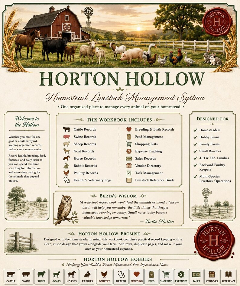 May include: A Horton Hollow Homestead Livestock Management System workbook cover featuring a farm scene with various animals, a red barn, and a windmill. The document lists record-keeping categories including cattle, swine, sheep, goat, horse, rabbit, and poultry logs, along with breeding, feed, and expense tracking sections.