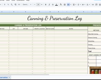 May include: A digital Canning & Preservation Log spreadsheet template featuring a header with illustrations of glass jars. The layout includes columns for date, recipe, method, quantity, jar size, location, best by date, and notes, plus a summary section.