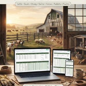May include: A digital livestock management system displayed on a laptop, tablet, and smartphone. The screen shows Google Sheets data. Text reads: YOUR WHOLE HOMESTEAD. ONE ORGANIZED SYSTEM. From pasture to poultry coop, keep the records that matter.