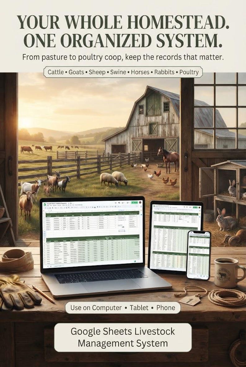 May include: A digital livestock management system displayed on a laptop, tablet, and smartphone. The screen shows Google Sheets data. Text reads: YOUR WHOLE HOMESTEAD. ONE ORGANIZED SYSTEM. From pasture to poultry coop, keep the records that matter.