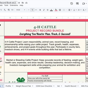 May include: A digital 4-H Cattle Project Record Bundle spreadsheet featuring a black and white cow illustration, a Future Cattle Exhibitor badge, and sections for project instructions, level-based learning goals, and record-keeping categories.