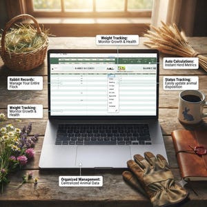 May include: A laptop displaying a Rabbit Records spreadsheet with columns for weight tracking, auto calculations, and status tracking. The screen shows a dropdown menu with options like Active, Breeding, For Sale, Leased, On Loan, Quarantined, Retired, Sold, and Deceased.