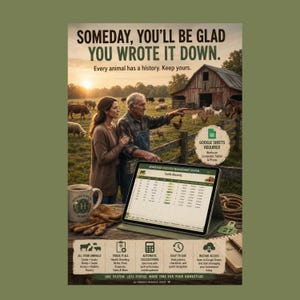 May include: A digital livestock management system advertisement featuring a tablet displaying a spreadsheet titled Cattle Records. The text reads: Someday, you'll be glad you wrote it down. Every animal has a history. Keep yours. Google Sheets required.