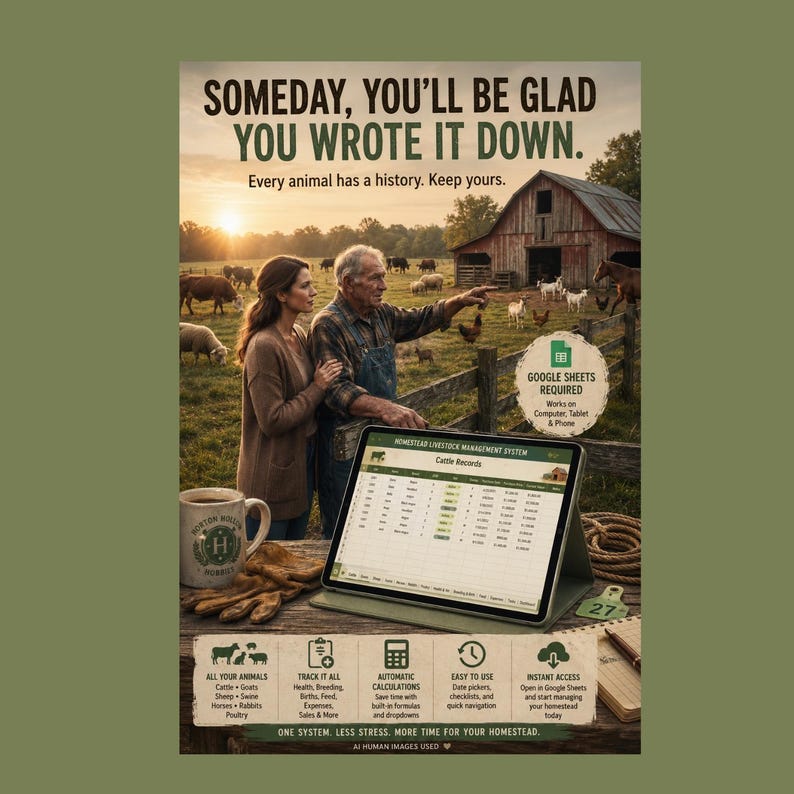 May include: A digital livestock management system advertisement featuring a tablet displaying a spreadsheet titled Cattle Records. The text reads: Someday, you'll be glad you wrote it down. Every animal has a history. Keep yours. Google Sheets required.