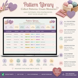 May include: A digital pattern library spreadsheet displayed on a laptop screen, featuring columns for pattern name, designer, source, difficulty, category, yarn weight, notes, and quantity. The interface includes icons for organizing knitting projects.