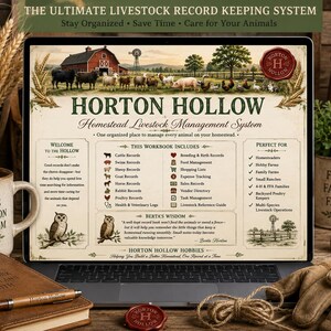 May include: A digital display showing the Horton Hollow Homestead Livestock Management System, a workbook for tracking cattle, swine, sheep, goats, horses, rabbits, and poultry, featuring farm illustrations and detailed record-keeping categories.