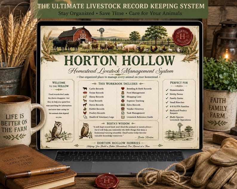 May include: A digital display showing the Horton Hollow Homestead Livestock Management System, a workbook for tracking cattle, swine, sheep, goats, horses, rabbits, and poultry, featuring farm illustrations and detailed record-keeping categories.