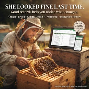 May include: A beekeeper in a tan protective suit and veil examines a wooden honeycomb frame filled with bees. A tablet and smartphone display digital apiary inspection records. Text reads: SHE LOOKED FINE LAST TIME. Good records help you notice what changed. Queen, Brood, Colony Health, Treatments, Inspection History.