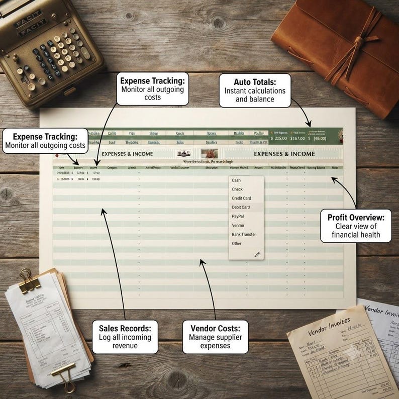 May include: A digital spreadsheet template for expenses and income displayed on a screen, featuring columns for dates, categories, and payment methods. The interface includes a dropdown menu for cash, cheque, credit, and debit card options.
