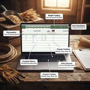 May include: A laptop displaying a digital spreadsheet titled PIG RECORDS with columns for pig inventory, weight tracking, purpose, and status. The screen features dropdown menus for data entry and auto-calculation metrics for herd management.