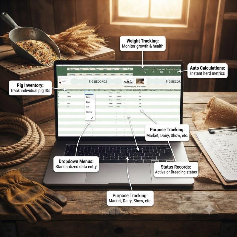May include: A laptop displaying a digital spreadsheet titled PIG RECORDS with columns for pig inventory, weight tracking, purpose, and status. The screen features dropdown menus for data entry and auto-calculation metrics for herd management.