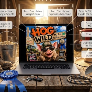 May include: A laptop displaying a digital swine journal titled HOG WILD, featuring a pig wearing sunglasses and a cap. The screen shows text labels for interactive features like Google Sheets, weight gain calculations, and expense tracking.