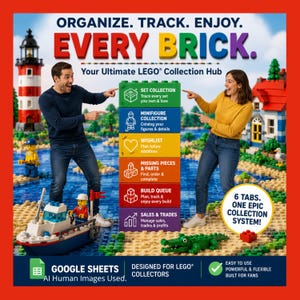 May include: A digital organizational tool for LEGO collections featuring a stack of six colored blocks labeled Set Collection, Minifigure Collection, Wishlist, Missing Pieces & Parts, Build Queue, and Sales & Trades, with the text Organize. Track. Enjoy. Every Brick.