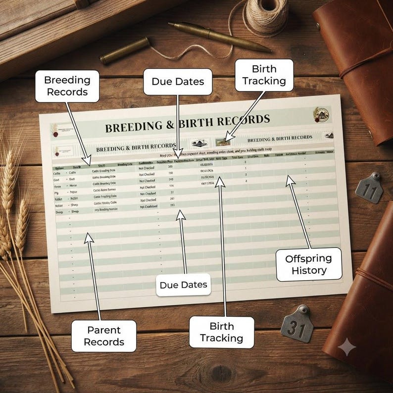 May include: A printed Breeding & Birth Records log sheet featuring columns for parent records, due dates, birth tracking, and offspring history. The document includes text labels for breeding records and is surrounded by a pen, wheat, and leather journals.