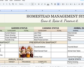 May include: A digital spreadsheet titled Homestead Management System with the subtitle Grow it. Raise it. Preserve it. The layout includes sections for Garden Status, Canning Status, and Animal Overview with tables for tracking harvests, jars, and livestock.