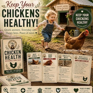 May include: A chicken health reference card deck featuring a box and four cards with text and illustrations about poultry care. The cards display topics like heat stress, sour crop, scaly leg mites, and when to call a veterinarian for chickens.