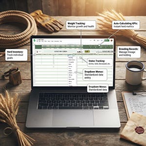 May include: A laptop displaying a Goat Records spreadsheet with labels for Weight Tracking, Auto-Calculating KPIs, Herd Inventory, Breeding Records, Status Tracking, and Dropdown Menus for standardised data entry on a wooden surface.