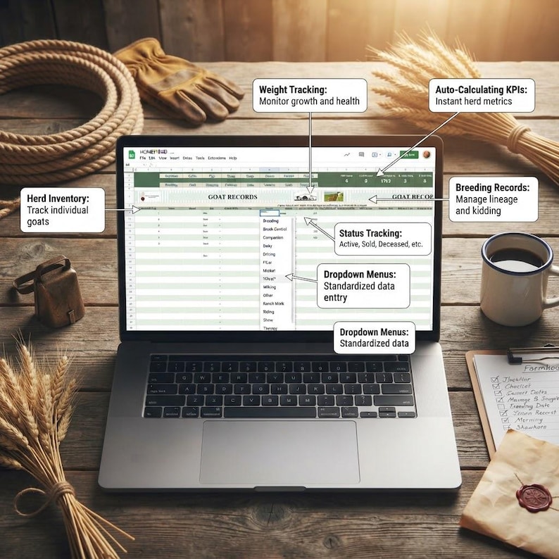 May include: A laptop displaying a Goat Records spreadsheet with labels for Weight Tracking, Auto-Calculating KPIs, Herd Inventory, Breeding Records, Status Tracking, and Dropdown Menus for standardised data entry on a wooden surface.