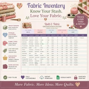 May include: A digital quilt and fabric organisation system spreadsheet titled Fabric Inventory Know Your Stash. Love Your Fabric. The chart includes columns for fabric name, collection, designer, manufacturer, colour, type, width, yardage, cost, and storage.