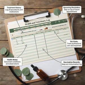 May include: A Health and Veterinary Log document on a clipboard with a stethoscope and amber glass dropper bottle. The log features columns for date, animal name, symptoms, treatment, and medication, with headers for treatment history, vet visits, and vaccination records.