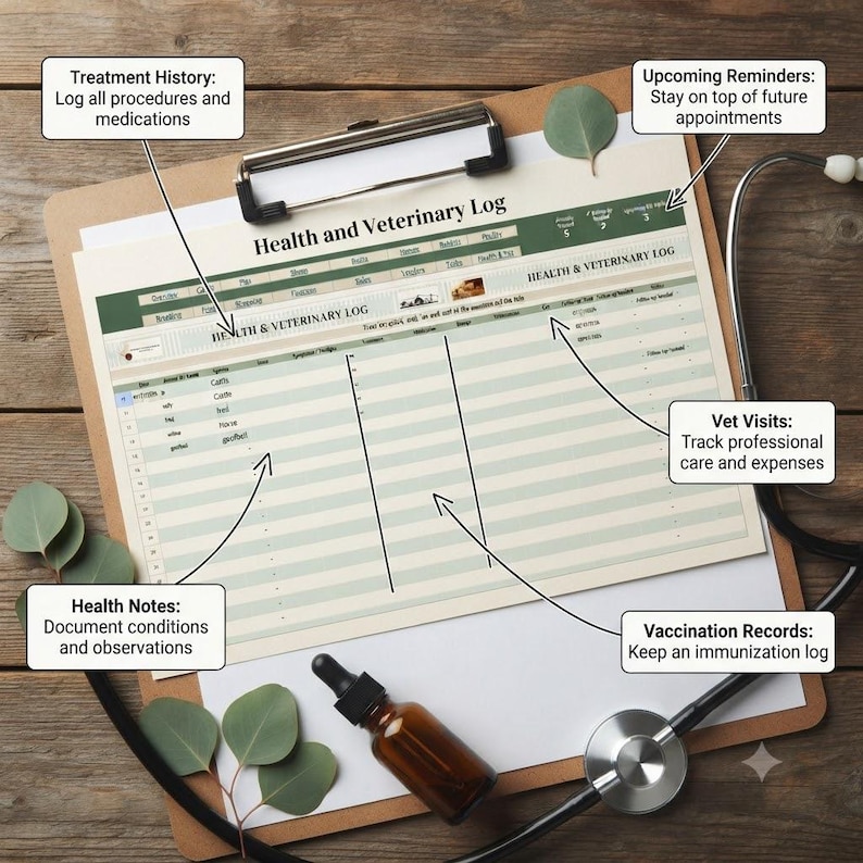 May include: A Health and Veterinary Log document on a clipboard with a stethoscope and amber glass dropper bottle. The log features columns for date, animal name, symptoms, treatment, and medication, with headers for treatment history, vet visits, and vaccination records.