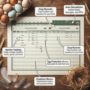 May include: A digital poultry records spreadsheet template featuring columns for species, breed, status, and egg production. The document includes text labels for coop records, auto calculations, species tracking, and dropdown menus.