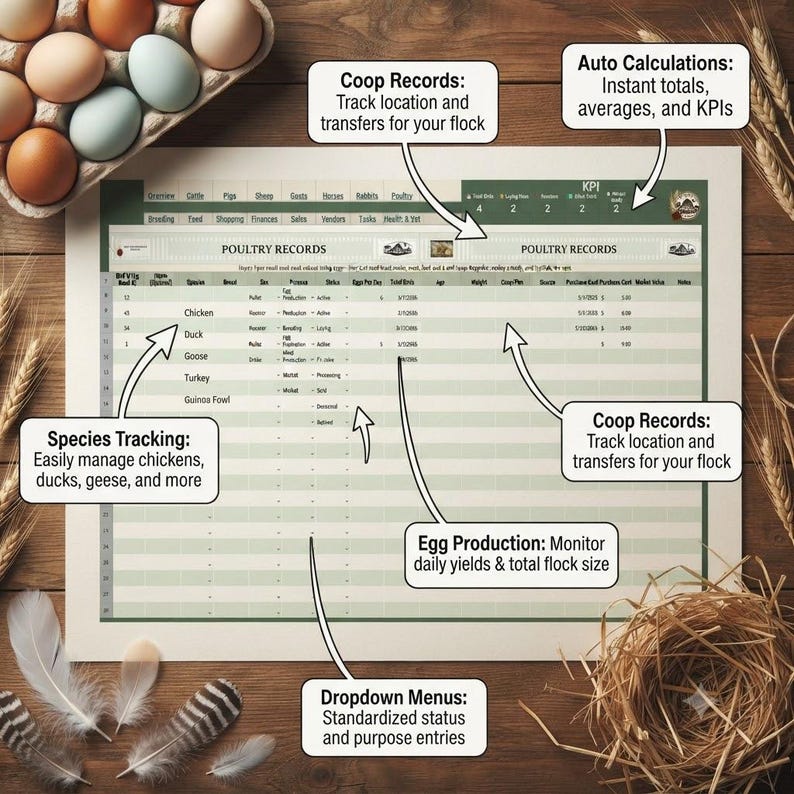May include: A digital poultry records spreadsheet template featuring columns for species, breed, status, and egg production. The document includes text labels for coop records, auto calculations, species tracking, and dropdown menus.