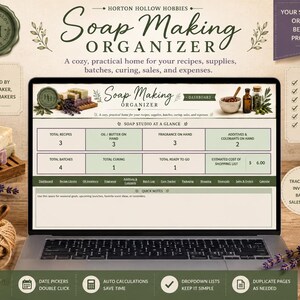 May include: A laptop displaying a digital soap making organizer dashboard on its screen. The interface includes sections for recipes, oil and butter inventory, fragrance, additives, batches, curing, and shopping lists, with a green and white color scheme.