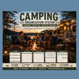 May include: A digital camping organization system featuring a trip planner, packing checklist, meal planner, campground tracker, and budget tracker. The graphic includes text: CAMPING ORGANIZATION SYSTEM, PLAN MORE, STRESS LESS, ENJOY THE ADVENTURE.
