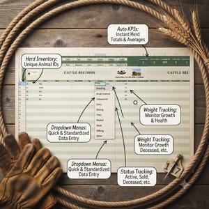May include: A digital cattle records spreadsheet template featuring columns for animal IDs, breeding, and weight tracking. The interface includes dropdown menus for data entry, status tracking, and auto KPI calculations. The document is surrounded by a rope and wheat stalks, with leather work gloves placed in the corner.