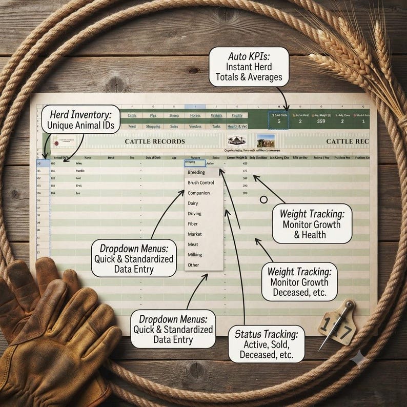 May include: A digital cattle records spreadsheet template featuring columns for animal IDs, breeding, and weight tracking. The interface includes dropdown menus for data entry, status tracking, and auto KPI calculations. The document is surrounded by a rope and wheat stalks, with leather work gloves placed in the corner.