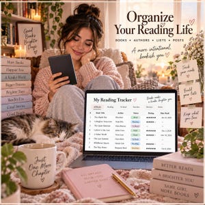 May include: A digital reading tracker displayed on a laptop screen, featuring columns for book titles, authors, status, ratings, and dates. The screen shows the text My Reading Tracker, alongside a pink notebook, a mug with the text Just One More Chapter, and stacks of books with titles like Good Books Brighter Days.