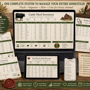 May include: A digital homestead management system displayed on a laptop, tablet, and smartphone, featuring spreadsheets for cattle herd, poultry flock, feed, and health records with green and cream colour schemes and farm-themed icons.