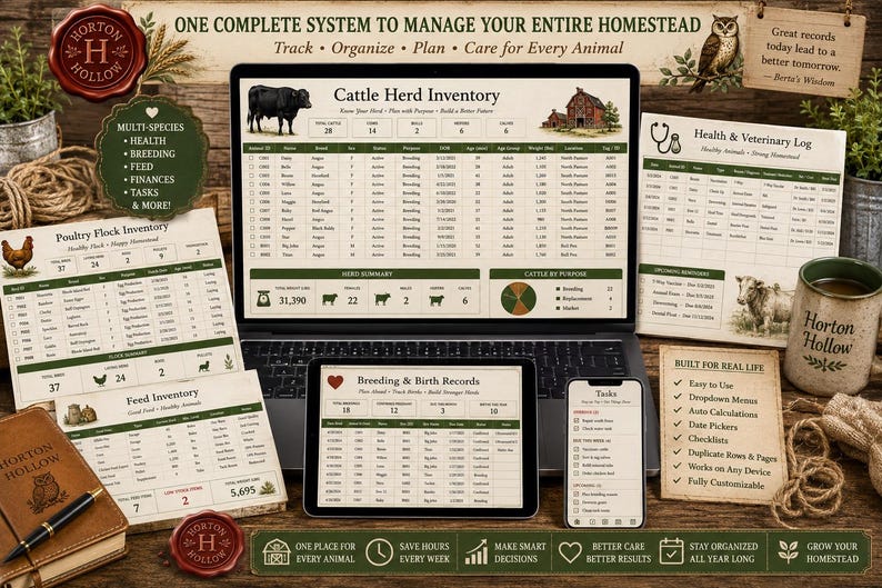 May include: A digital homestead management system displayed on a laptop, tablet, and smartphone, featuring spreadsheets for cattle herd, poultry flock, feed, and health records with green and cream colour schemes and farm-themed icons.