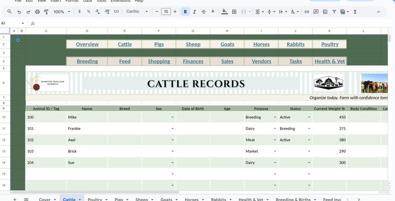 May include: A digital spreadsheet titled Cattle Records with tabs for Overview, Cattle, Pigs, Sheep, Goats, Horses, Rabbits, and Poultry. The table tracks animal ID, name, breed, sex, date of birth, age, purpose, status, and weight in pounds.
