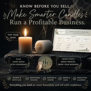 May include: A digital candle making organizer displayed on a laptop screen next to two pillar candles. The screen shows a dashboard with data for recipes, batches, wax inventory, and profit. Text includes "KNOW BEFORE YOU SELL" and "HORTON HOLLOW".
