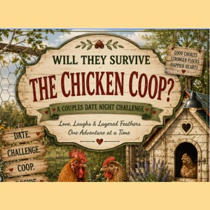 May include: A decorative wooden sign featuring the text Will They Survive The Chicken Coop? A Couples Date Night Challenge, Love, Laughs & Layered Feathers One Adventure at a Time, with illustrations of chickens and a small coop.