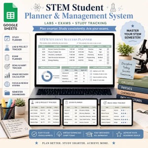 Op de afbeelding: Een digitaal STEM-studentenplanner en beheersysteem voor Google Sheets, weergegeven op een laptopscherm en drie tablets. De interface bevat tabellen voor studietaken, labprojecten, examenplanningen en het bijhouden van doelen.