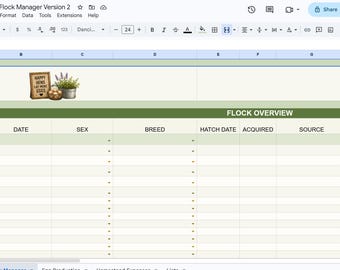 May include: A digital spreadsheet titled Copy of Etsy Chicken Flock Manager Version 2 featuring a Flock Overview table with columns for bird name, date, sex, breed, hatch date, acquired, source, and egg colour, plus a sign reading Happy Hens Lay More Eggs.