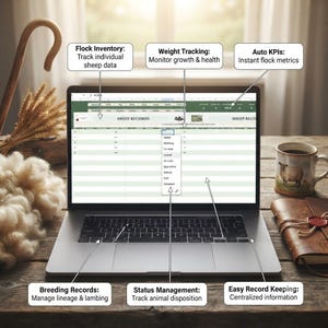 May include: A laptop displaying a spreadsheet titled Sheep Records with columns for flock inventory, weight tracking, and auto KPIs. The screen shows a dropdown menu for status management, breeding records, and easy record keeping for sheep data.