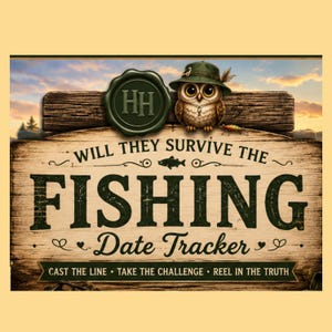 May include: A wooden sign featuring an owl wearing a green hat, a green wax seal with the letters HH, and the text: WILL THEY SURVIVE THE FISHING DATE TRACKER, CAST THE LINE, TAKE THE CHALLENGE, REEL IN THE TRUTH. The background shows a sunset sky.