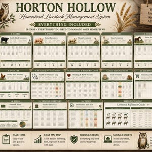 May include: The Horton Hollow Homestead Livestock Management System is a digital record-keeping tool featuring 16 tabs for tracking cattle, swine, sheep, goats, horses, rabbits, poultry, health, breeding, feed, shopping, expenses, sales, vendors, and tasks.