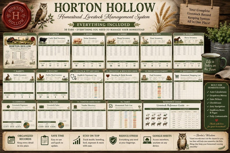 May include: The Horton Hollow Homestead Livestock Management System is a digital record-keeping tool featuring 16 tabs for tracking cattle, swine, sheep, goats, horses, rabbits, poultry, health, breeding, feed, shopping, expenses, sales, vendors, and tasks.